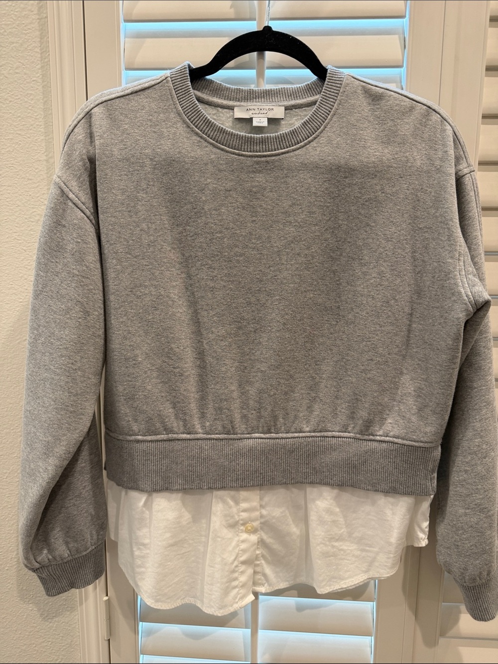 Ann Taylor Gray Crewneck Sweater with White Shirt Hem